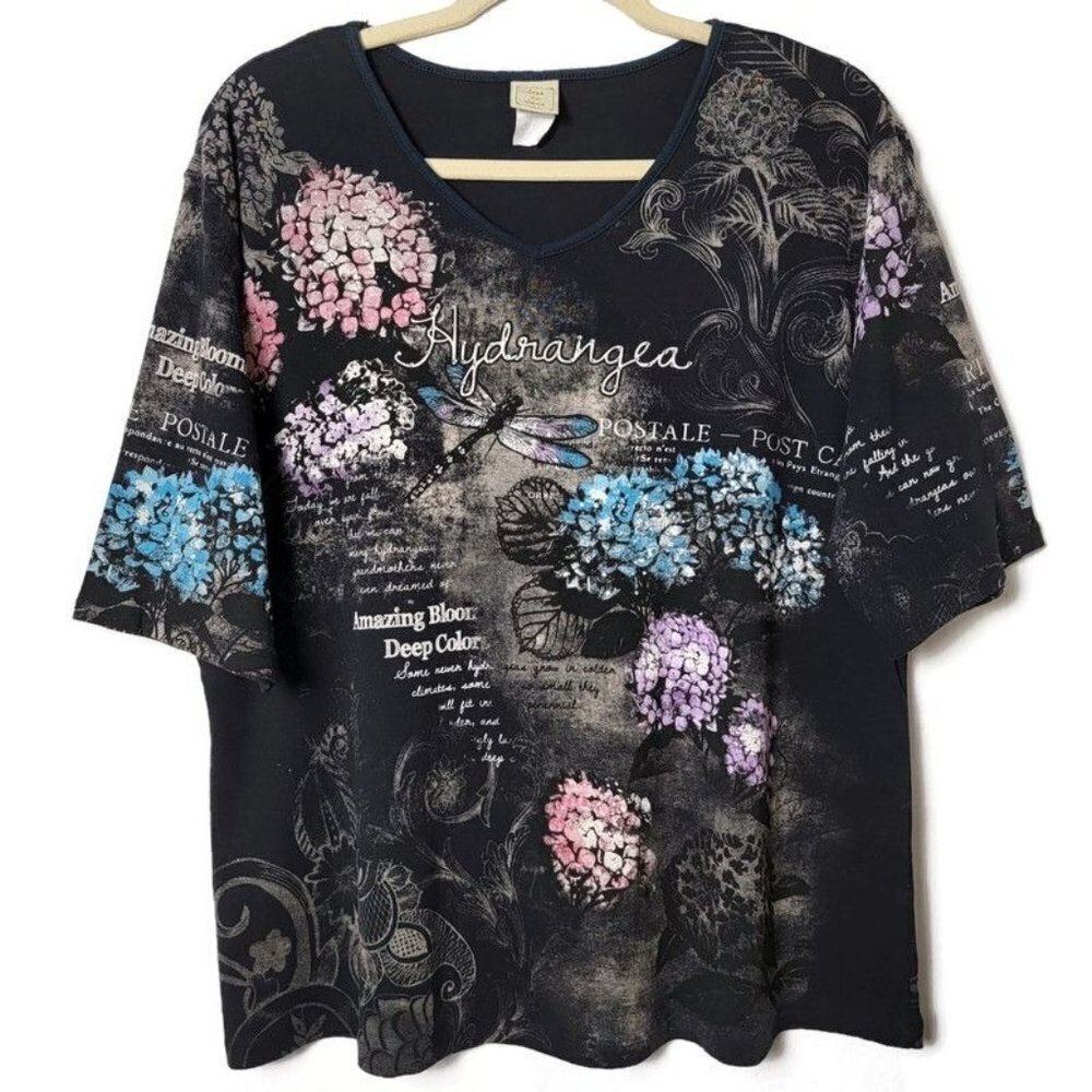 Jess & Jane Black Floral Hydrangeas Dragonfly Short Sleeve Blouse Top XL
